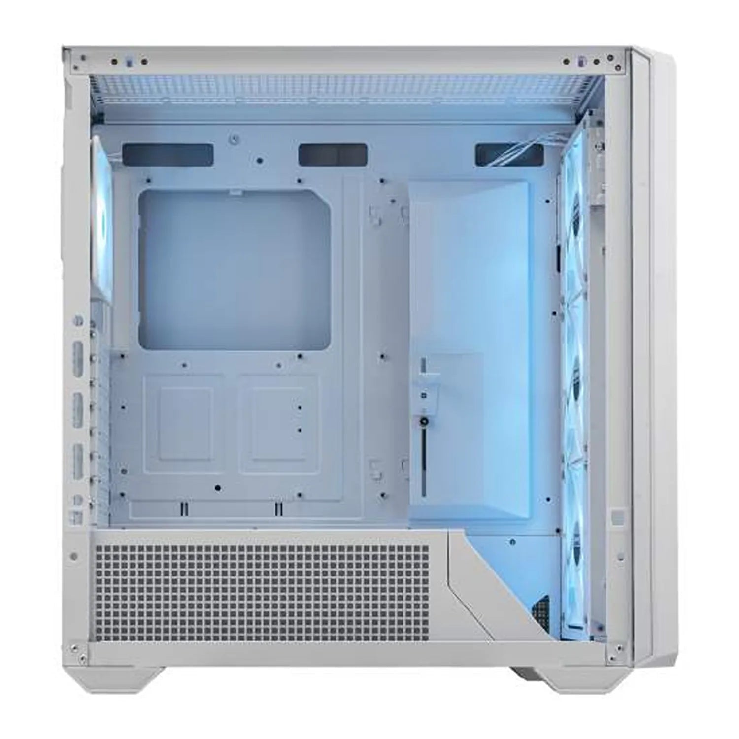 COUGAR MX600 RGB White PC cabinet interior layout with motherboard tray, cable openings and front ARGB fans -tpstech.in