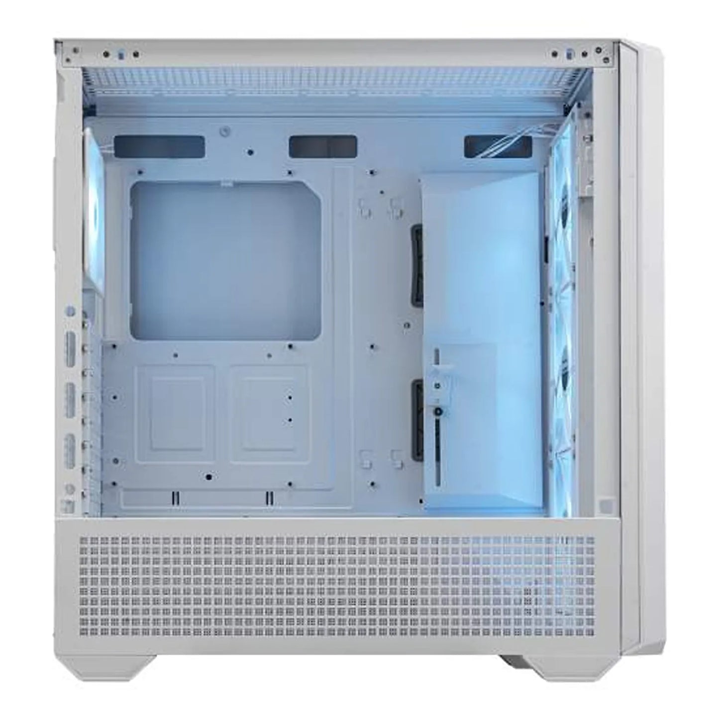 COUGAR MX600 RGB White PC case interior showing motherboard area, rear fan mount and front ARGB fans -tpstech.in