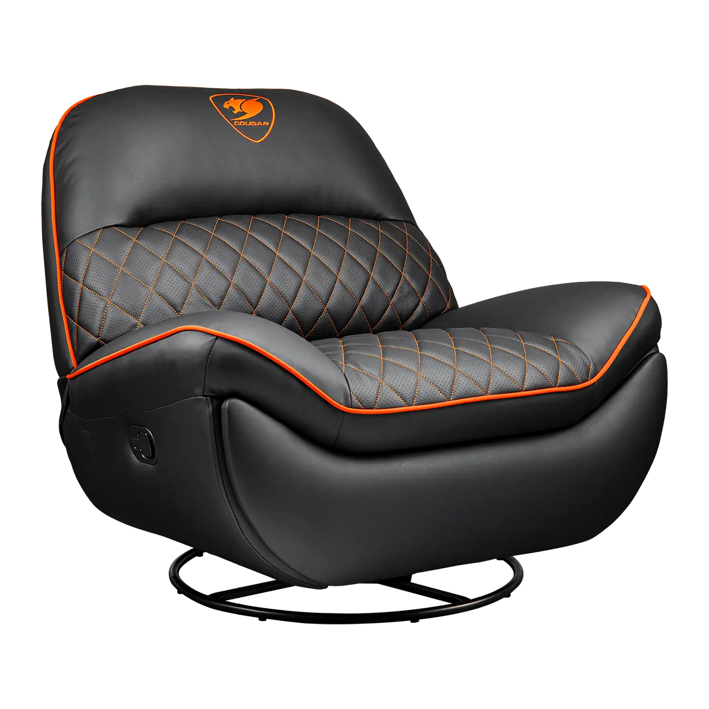 COUGAR Overlord gaming recliner sofa front view with black PVC leatherette and orange accents -tpstech.in