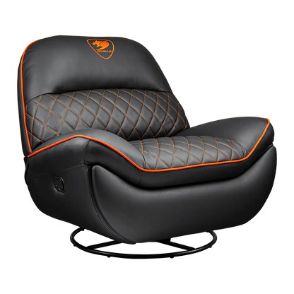 COUGAR Overlord gaming recliner sofa front view with black PVC leatherette and orange accents -tpstech.in