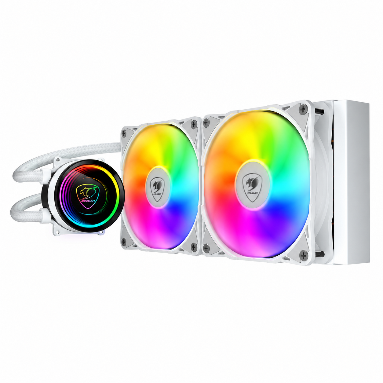 COUGAR Poseidon Elite ARGB 240 White AIO CPU cooler angled view with dual 120mm ARGB fans and pump -tpstech.in