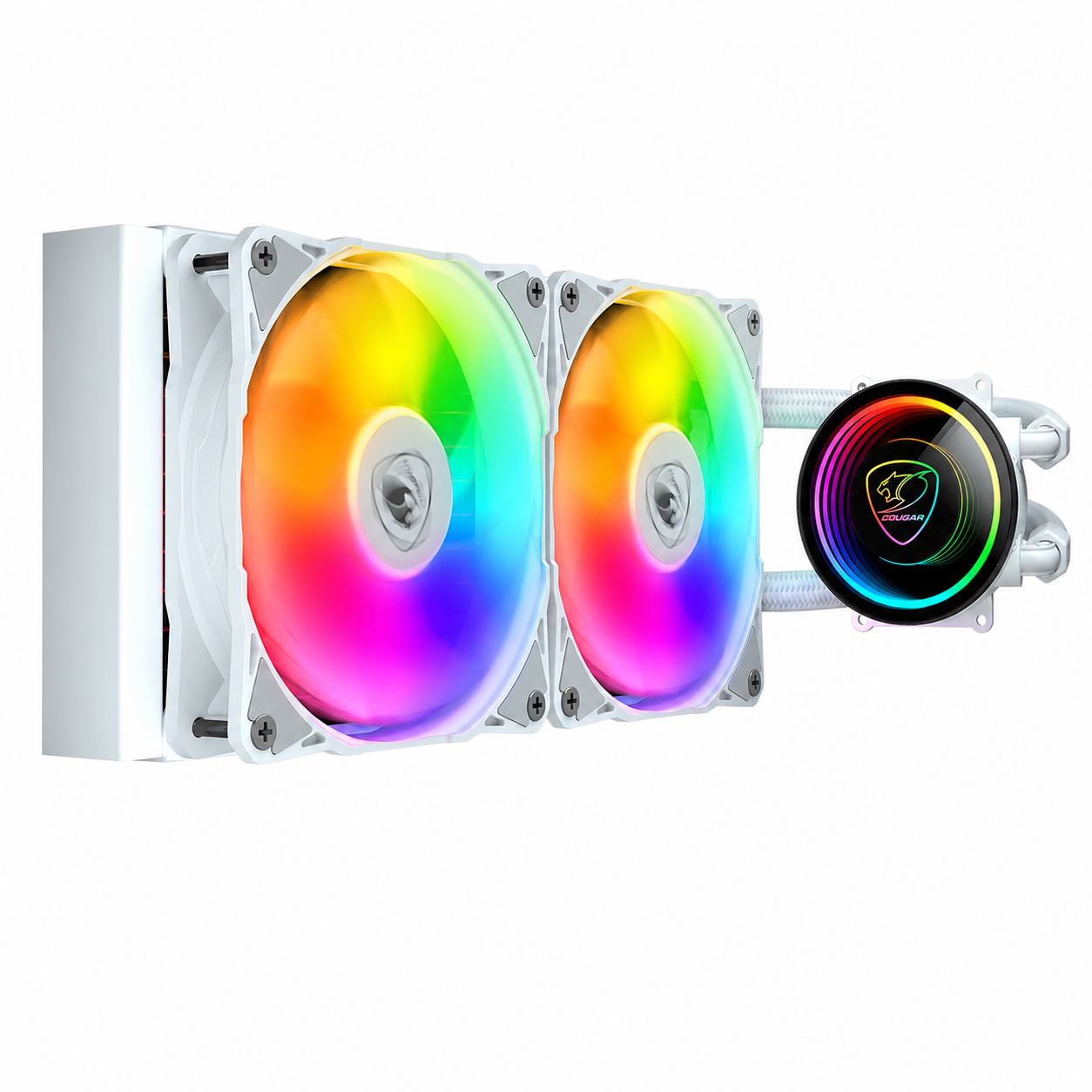 COUGAR Poseidon Elite ARGB 240 White liquid CPU cooler side view with ARGB fans and radiator -tpstech.in