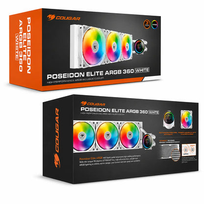 COUGAR Poseidon Elite ARGB 360 White AIO liquid CPU cooler retail box packaging -tpstech.in