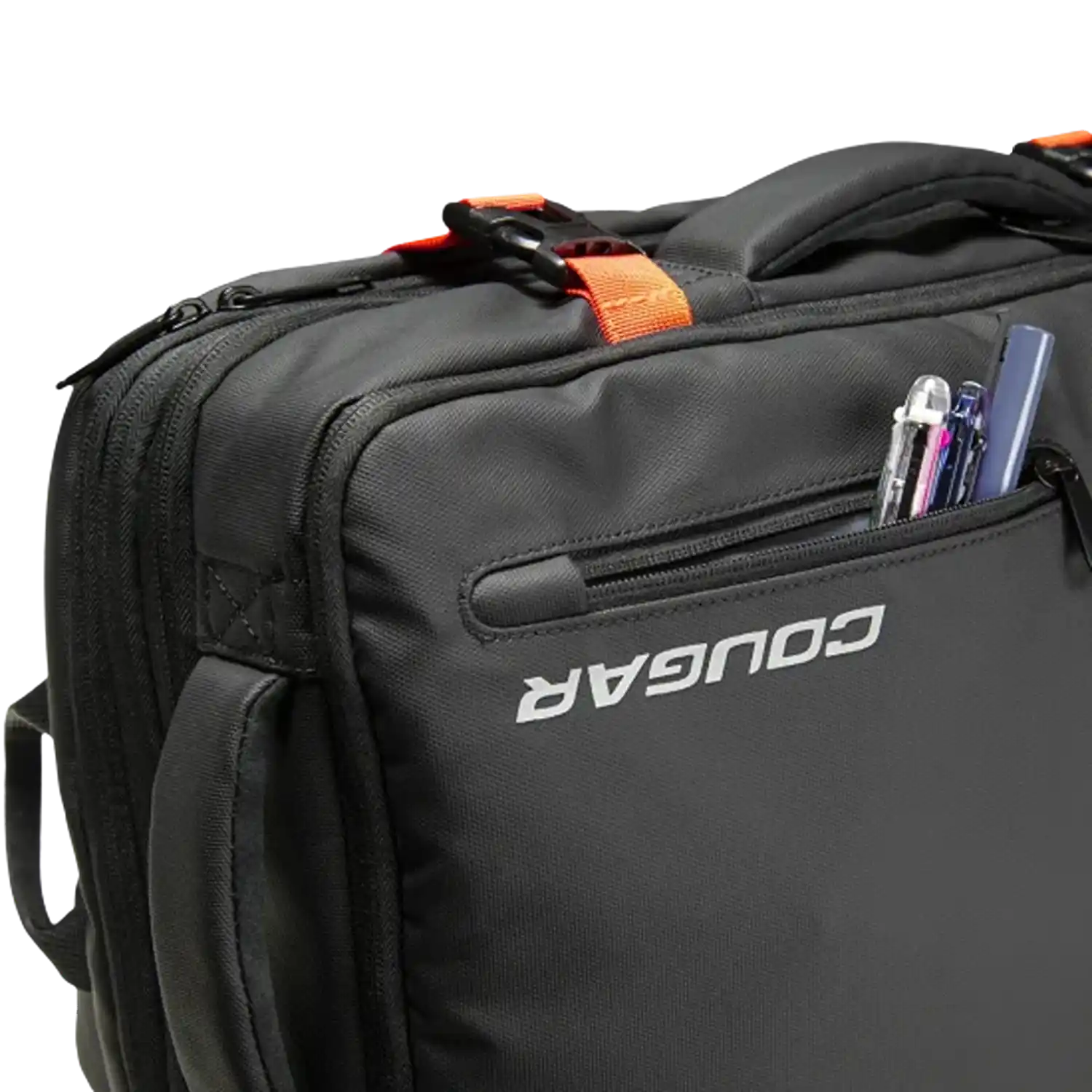 COUGAR VANGUARD expandable travel laptop backpack side view with adjustable orange security straps-tpstech.in