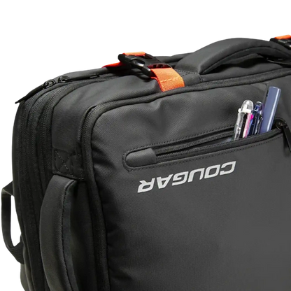 COUGAR VANGUARD expandable travel laptop backpack side view with adjustable orange security straps-tpstech.in