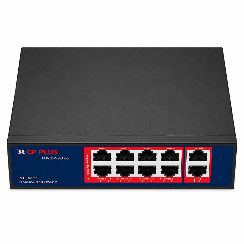 CP PLUS CP-ANW-GPU8G2-N12 8 Port Gigabit Unmanaged PoE Switch with 2 Gigabit Uplink Ports front view for CCTV and IP surveillance network deployment -tpstech.in