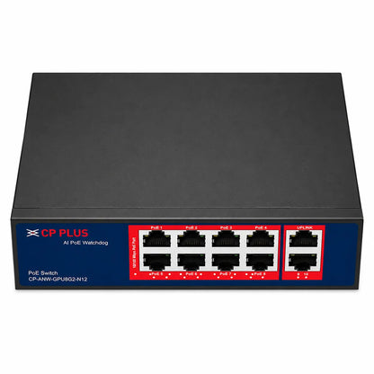 CP PLUS CP-ANW-GPU8G2-N12 8 Port Gigabit Unmanaged PoE Switch with 2 Gigabit Uplink Ports front view for CCTV and IP surveillance network deployment -tpstech.in