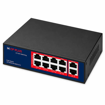 CP PLUS CP-ANW-GPU8G2-N12 8 Port Gigabit Unmanaged PoE Switch with AI PoE Watchdog shown from left angle featuring 2 Gigabit uplink ports -tpstech.in