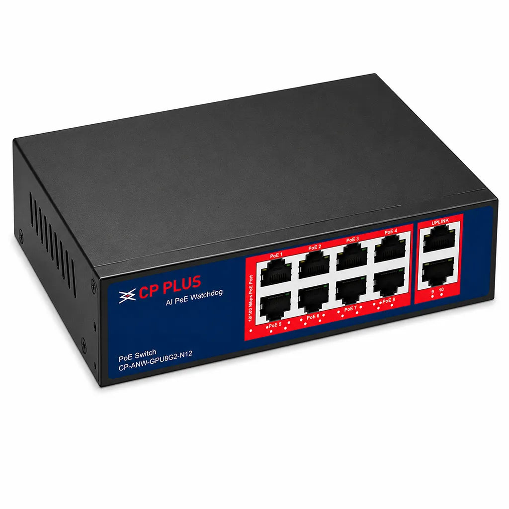CP PLUS CP-ANW-GPU8G2-N12 8 Port Gigabit Unmanaged PoE Switch right angle view with 120W PoE budget and dual Gigabit uplink ports -tpstech.in