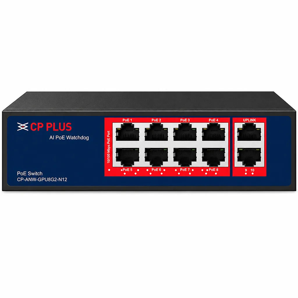 CP PLUS CP-ANW-GPU8G2-N12 Gigabit Unmanaged PoE Switch front panel showing 8 PoE ports and 2 Gigabit uplink ports -tpstech.in