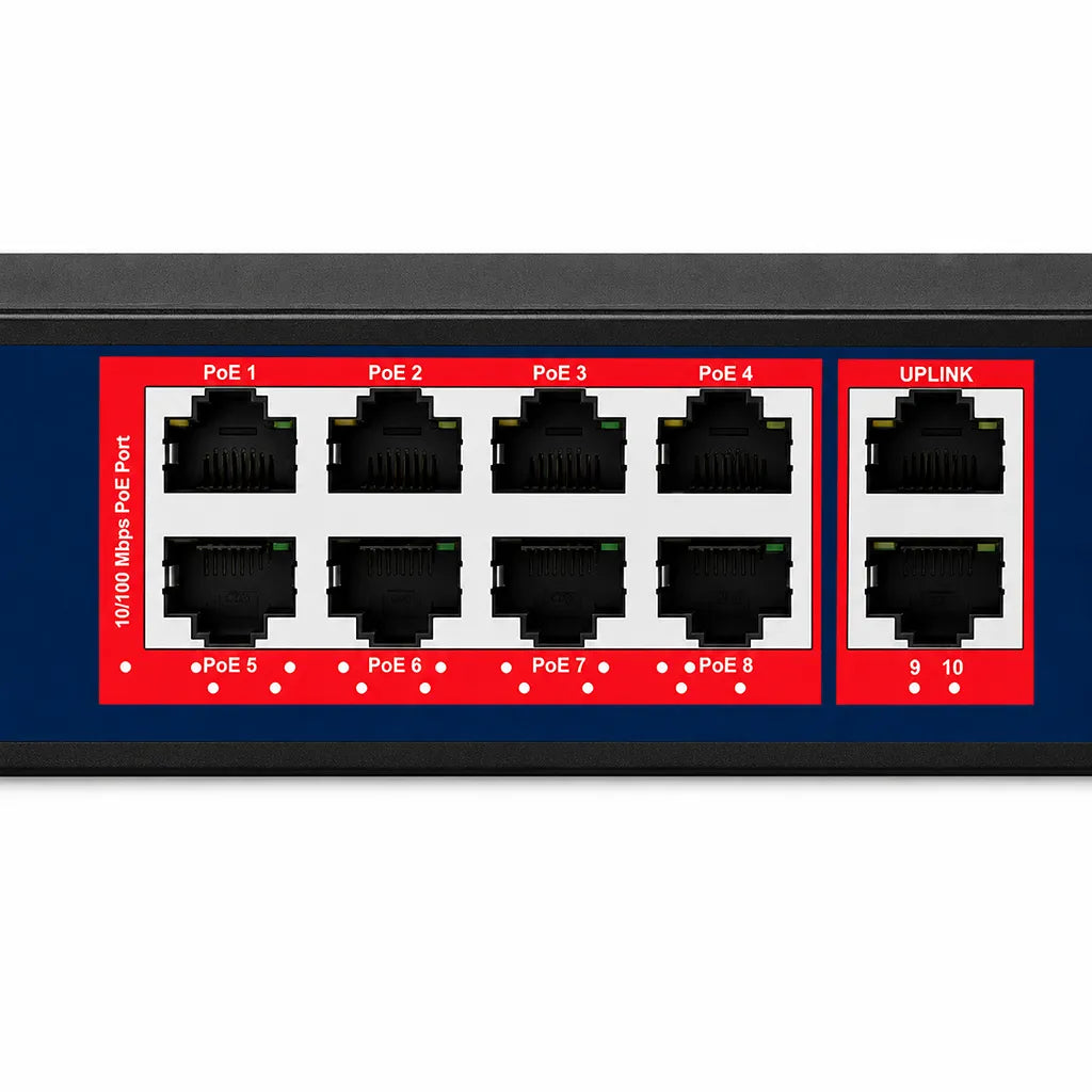 Close-up of CP PLUS CP-ANW-GPU8G2-N12 showing 8 Gigabit PoE ports and 2 Gigabit uplink ports for reliable CCTV network connectivity -tpstech.in