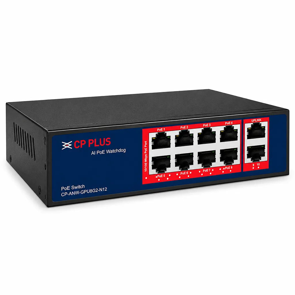 CP PLUS CP-ANW-GPU8G2-N12 8 Port Gigabit PoE Switch left perspective view designed for IP cameras and surveillance networking -tpstech.in