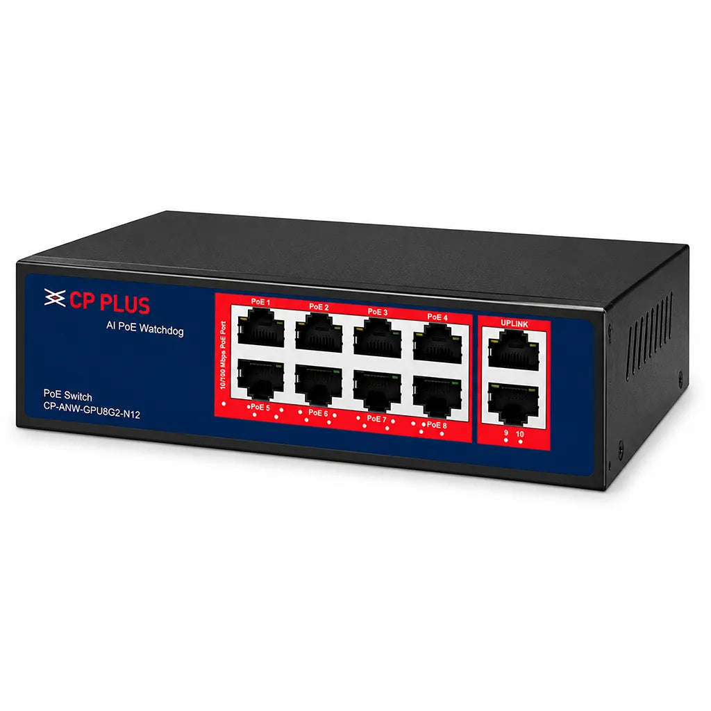 CP PLUS CP-ANW-GPU8G2-N12 8 Port Gigabit Unmanaged PoE Switch right perspective featuring AI PoE Watchdog and Gigabit uplink connectivity -tpstech.in