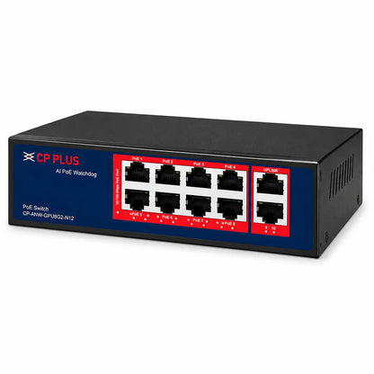 CP PLUS CP-ANW-GPU8G2-N12 8 Port Gigabit Unmanaged PoE Switch right perspective featuring AI PoE Watchdog and Gigabit uplink connectivity -tpstech.in