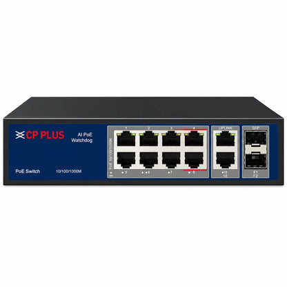 CP PLUS CP-ANW-GPU8G2F2-N12 8 Port Gigabit Unmanaged PoE Switch front view with 2 Gigabit uplink ports and 2 SFP ports for CCTV and network deployment -tpstech.in