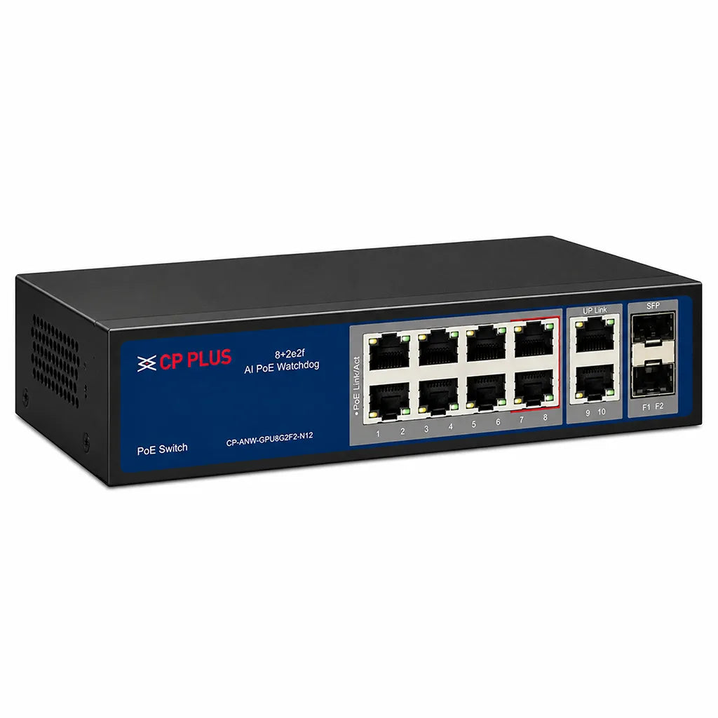 CP PLUS CP-ANW-GPU8G2F2-N12 Gigabit PoE Switch left angle view featuring 8 PoE ports, 2 RJ45 uplinks and 2 SFP ports -tpstech.in