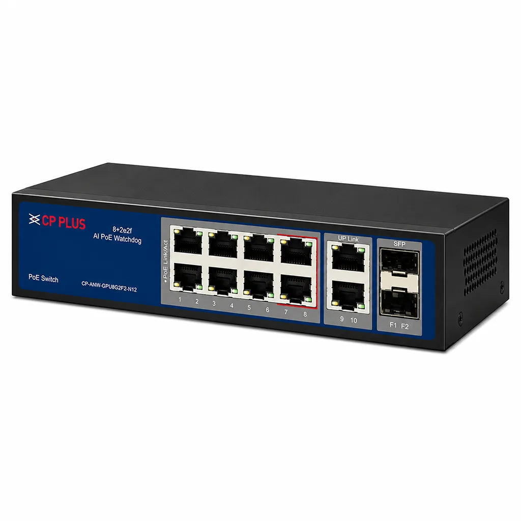 CP PLUS CP-ANW-GPU8G2F2-N12 8 Port Gigabit PoE Switch right angle view with AI PoE Watchdog and 120W PoE budget -tpstech.in