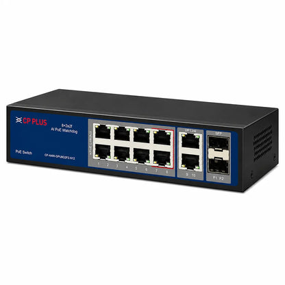 CP PLUS CP-ANW-GPU8G2F2-N12 8 Port Gigabit PoE Switch right angle view with AI PoE Watchdog and 120W PoE budget -tpstech.in