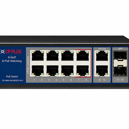 Close-up of CP PLUS CP-ANW-GPU8G2F2-N12 showing 8 Gigabit PoE ports, 2 Gigabit uplink ports and dual SFP slots -tpstech.in