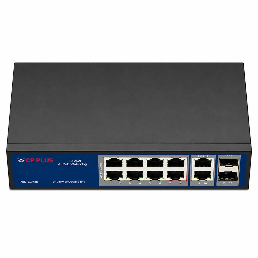 CP PLUS CP-ANW-GPU8G2F2-N12 unmanaged Gigabit PoE switch top front view for surveillance and enterprise networking -tpstech.in