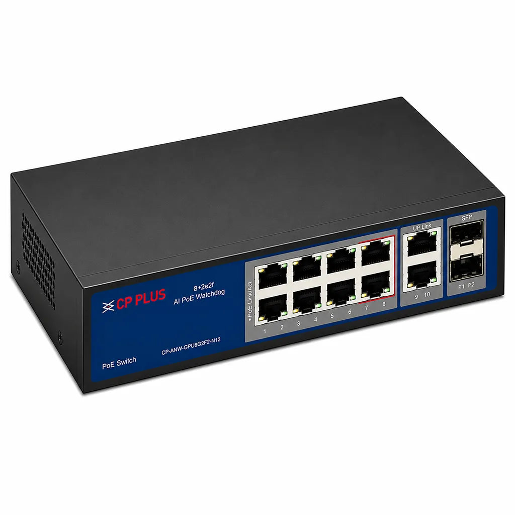 CP PLUS CP-ANW-GPU8G2F2-N12 8 Port Gigabit PoE Switch top left perspective with dual SFP uplink ports -tpstech.in