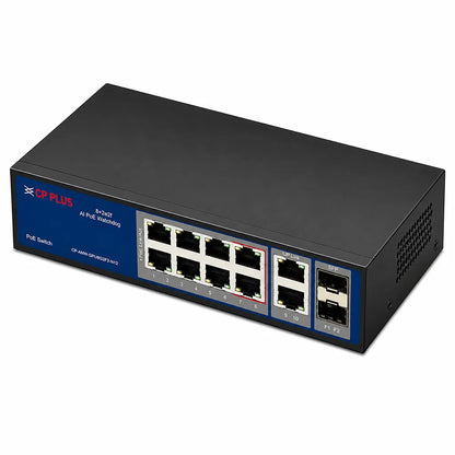 CP PLUS CP-ANW-GPU8G2F2-N12 Gigabit unmanaged PoE switch top right perspective with AI PoE Watchdog and 120W power budget -tpstech.in