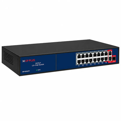 CP PLUS CP-ANW-HP16G2F1-N30 16-Port AI PoE Switch front left angle showing PoE ports and Gigabit uplink connectivity -tpstech.in