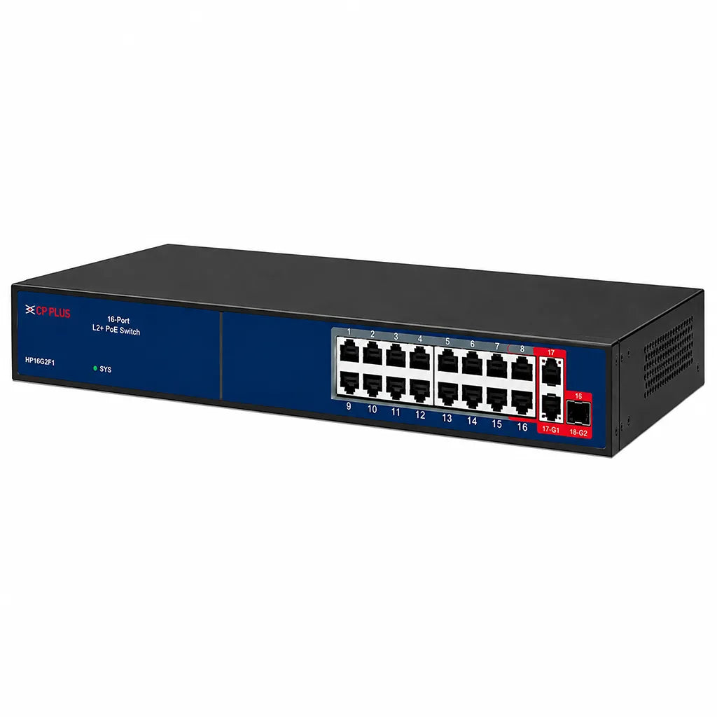 CP PLUS CP-ANW-HP16G2F1-N30 16-Port AI PoE Switch front right angle with 16 PoE ports, Gigabit uplinks and SFP port -tpstech.in