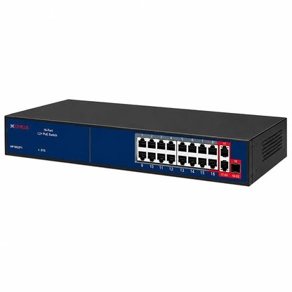 CP PLUS CP-ANW-HP16G2F1-N30 16-Port AI PoE Switch front right angle with 16 PoE ports, Gigabit uplinks and SFP port -tpstech.in