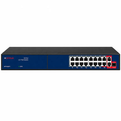 CP PLUS CP-ANW-HP16G2F1-N30 16-Port AI PoE Switch front view with 2 Gigabit uplink ports and 1 SFP port for IP surveillance -tpstech.in