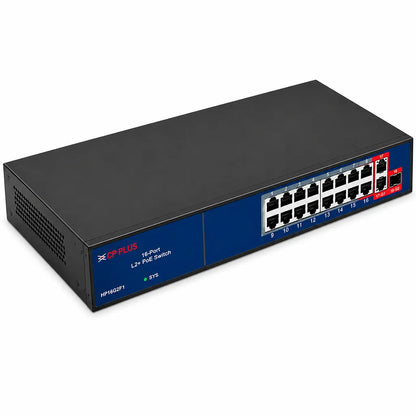 CP PLUS CP-ANW-HP16G2F1-N30 AI PoE network switch top left perspective with durable metal housing and 16 PoE ports -tpstech.in