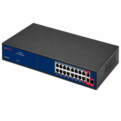 CP PLUS CP-ANW-HP16G2F1-N30 16-Port AI PoE Switch top right perspective featuring Gigabit uplinks and SFP port -tpstech.in