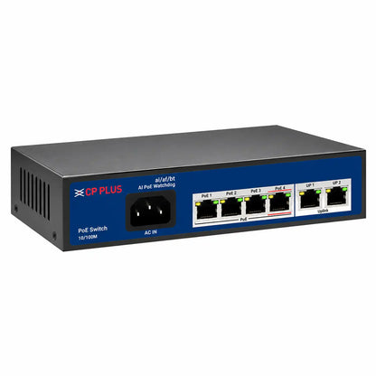 Angled Left Perspective View of CP PLUS CP-ANW-HP4H2-N65 4-Port Unmanaged PoE Switch -tpstech.in