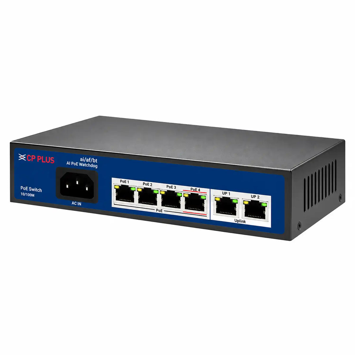 Angled Right View of CP PLUS CP-ANW-HP4H2-N65 PoE Switch with AI PoE Watchdog Ports -tpstech.in