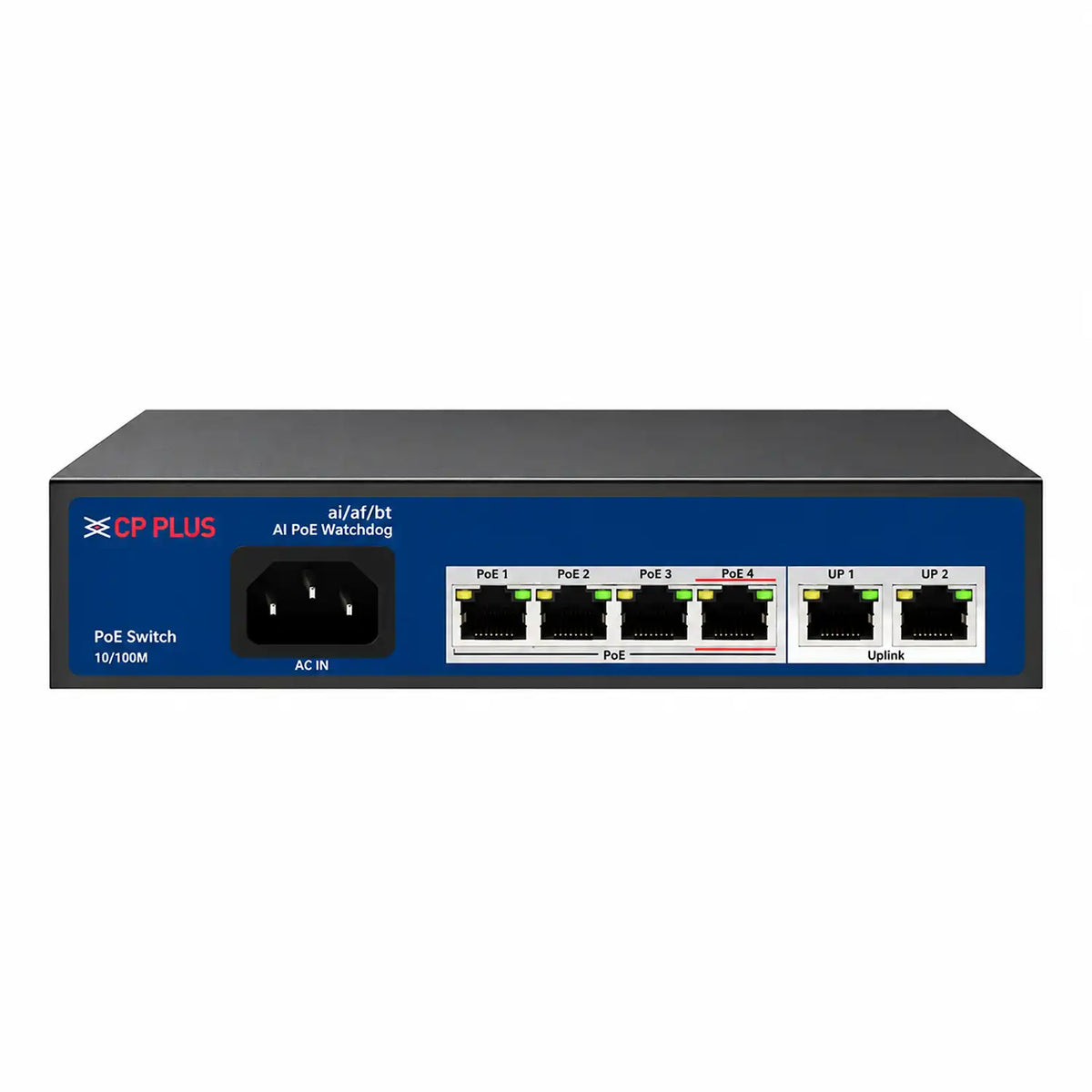 Front View of CP PLUS CP-ANW-HP4H2-N65 4-Port Unmanaged PoE Switch with 2 Uplinks and AC Power Socket -tpstech.in