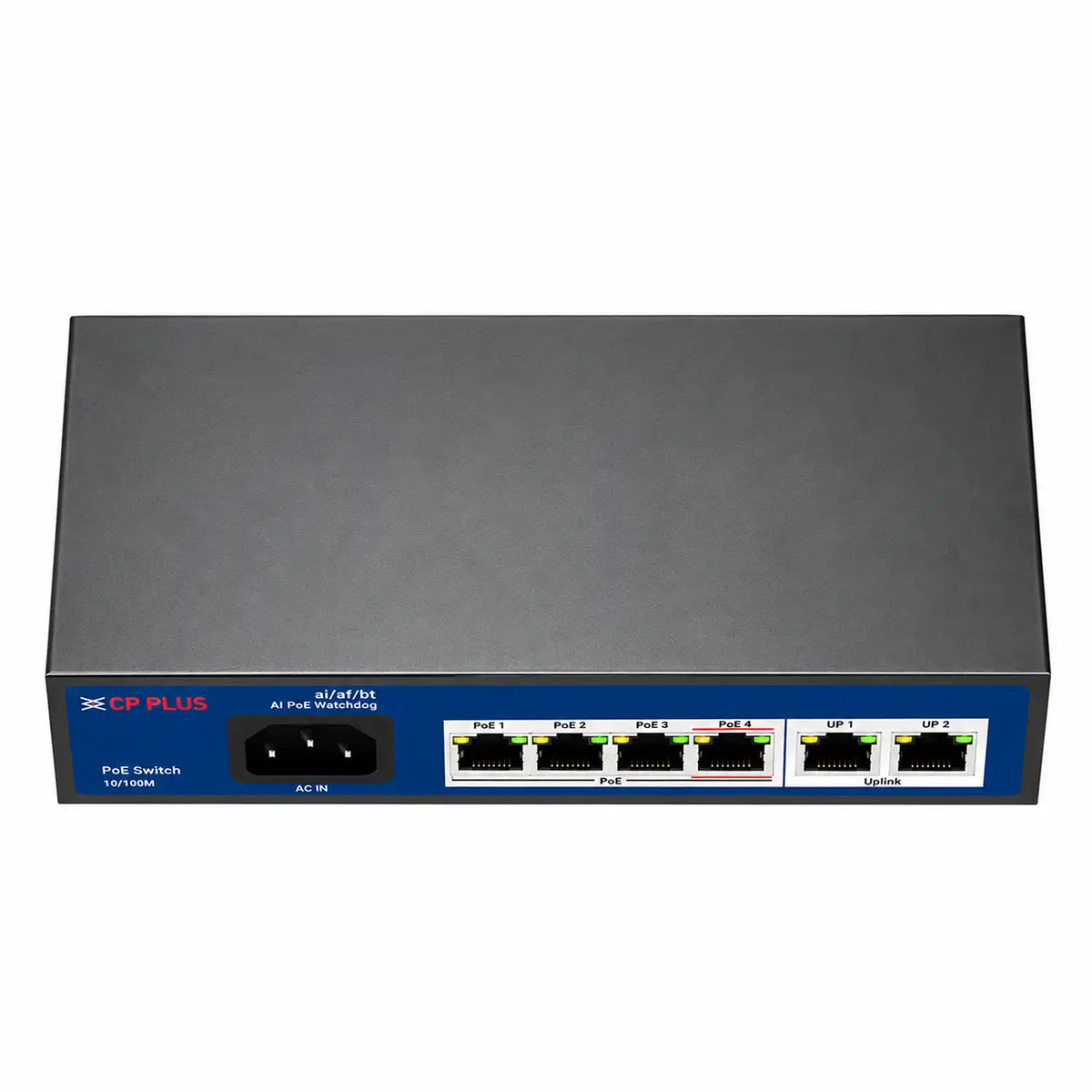 Top Down Perspective View of CP PLUS CP-ANW-HP4H2-N65 4-Port PoE Switch with 2 Uplink Ports -tpstech.in