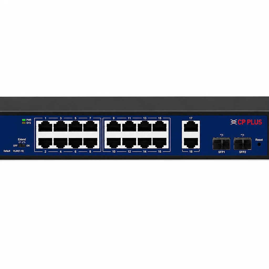 Close-up front panel of CP PLUS CP-DNW-GPU16G2F2-20 16 Port Gigabit PoE Switch with RJ45 PoE ports and SFP uplinks -tpstech.in