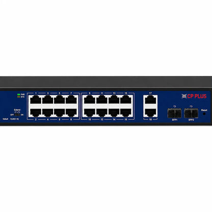 Close-up front panel of CP PLUS CP-DNW-GPU16G2F2-20 16 Port Gigabit PoE Switch with RJ45 PoE ports and SFP uplinks -tpstech.in