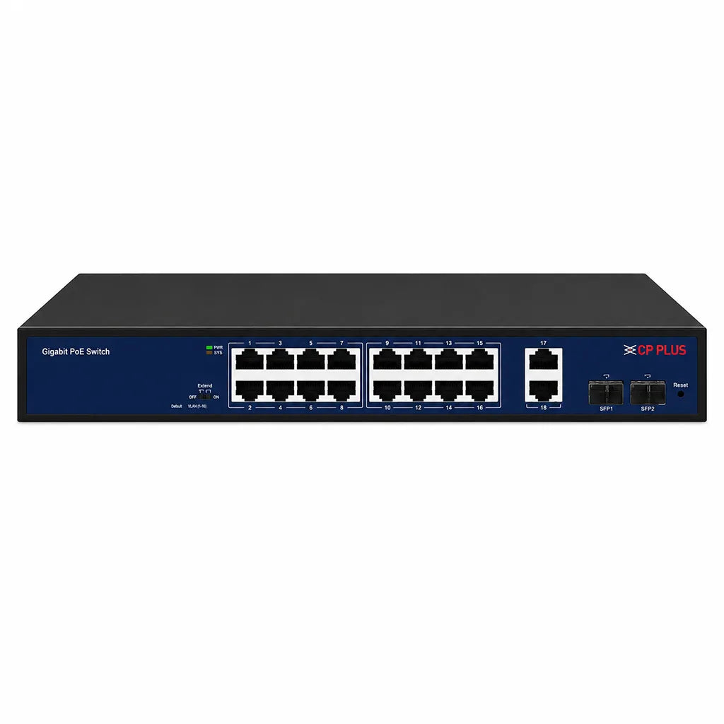 CP PLUS CP-DNW-GPU16G2F2-20 16 Port Gigabit Unmanaged PoE Switch front view with 2 Gigabit uplink ports and 2 SFP ports -tpstech.in