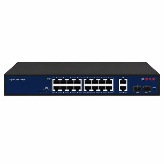 CP PLUS CP-DNW-GPU16G2F2-20 16 Port Gigabit Unmanaged PoE Switch front view with 2 Gigabit uplink ports and 2 SFP ports -tpstech.in
