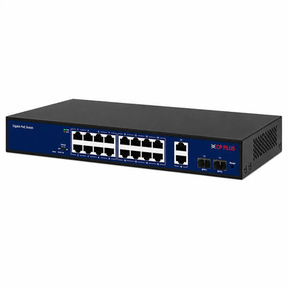 CP PLUS CP-DNW-GPU16G2F2-20 unmanaged 16 Port Gigabit PoE Switch left angle product image with RJ45 and SFP ports -tpstech.in