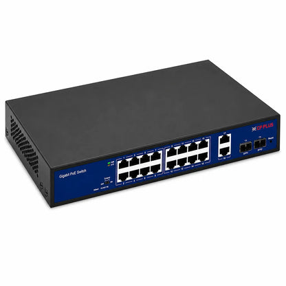 CP PLUS CP-DNW-GPU16G2F2-20 16 Port Gigabit Unmanaged PoE Switch top left perspective with front connectivity ports -tpstech.in