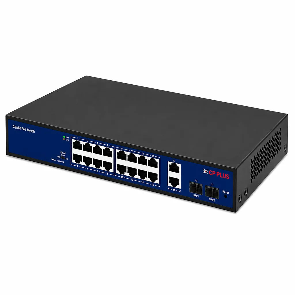 CP PLUS CP-DNW-GPU16G2F2-20 16 Port Gigabit PoE Switch top right perspective showing compact metal enclosure -tpstech.in