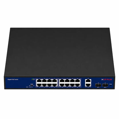 Top view of CP PLUS CP-DNW-GPU16G2F2-20 16 Port Gigabit Unmanaged PoE Switch with metal housing -tpstech.in