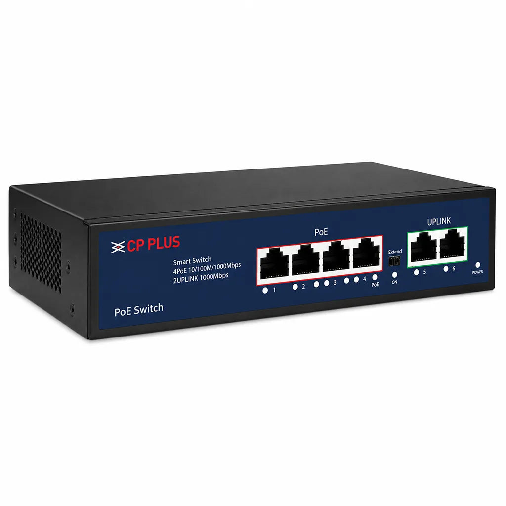CP PLUS CP-DNW-GPU4G2-48 Gigabit PoE Switch front left angle view for CCTV and IP camera networking -tpstech.in