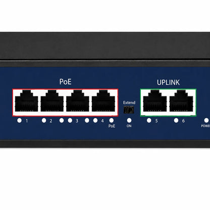 CP PLUS CP-DNW-GPU4G2-48 6-Port Gigabit PoE Switch front close-up showing 4 PoE ports and 2 Gigabit uplink ports -tpstech.in