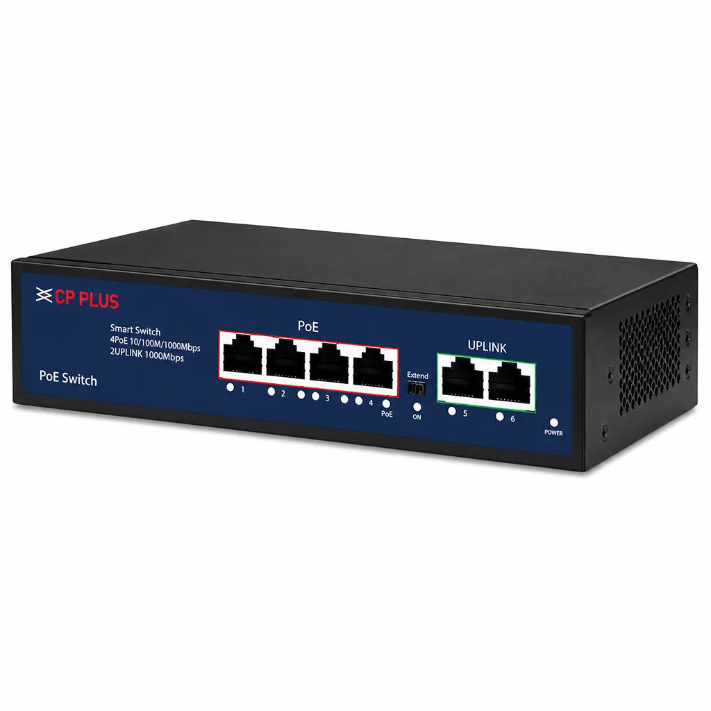 CP PLUS CP-DNW-GPU4G2-48 6-Port Gigabit PoE Network Switch front right angle view with 4 PoE ports and 2 uplink ports -tpstech.in