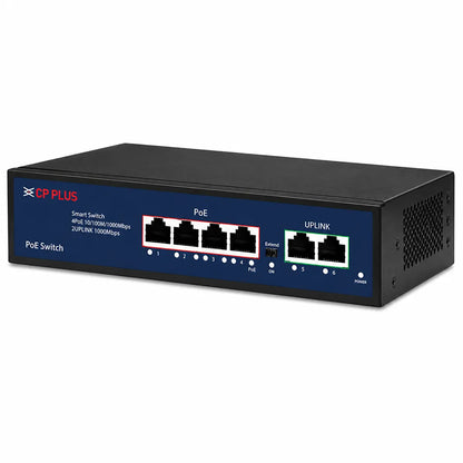 CP PLUS CP-DNW-GPU4G2-48 6-Port Gigabit PoE Network Switch front right angle view with 4 PoE ports and 2 uplink ports -tpstech.in
