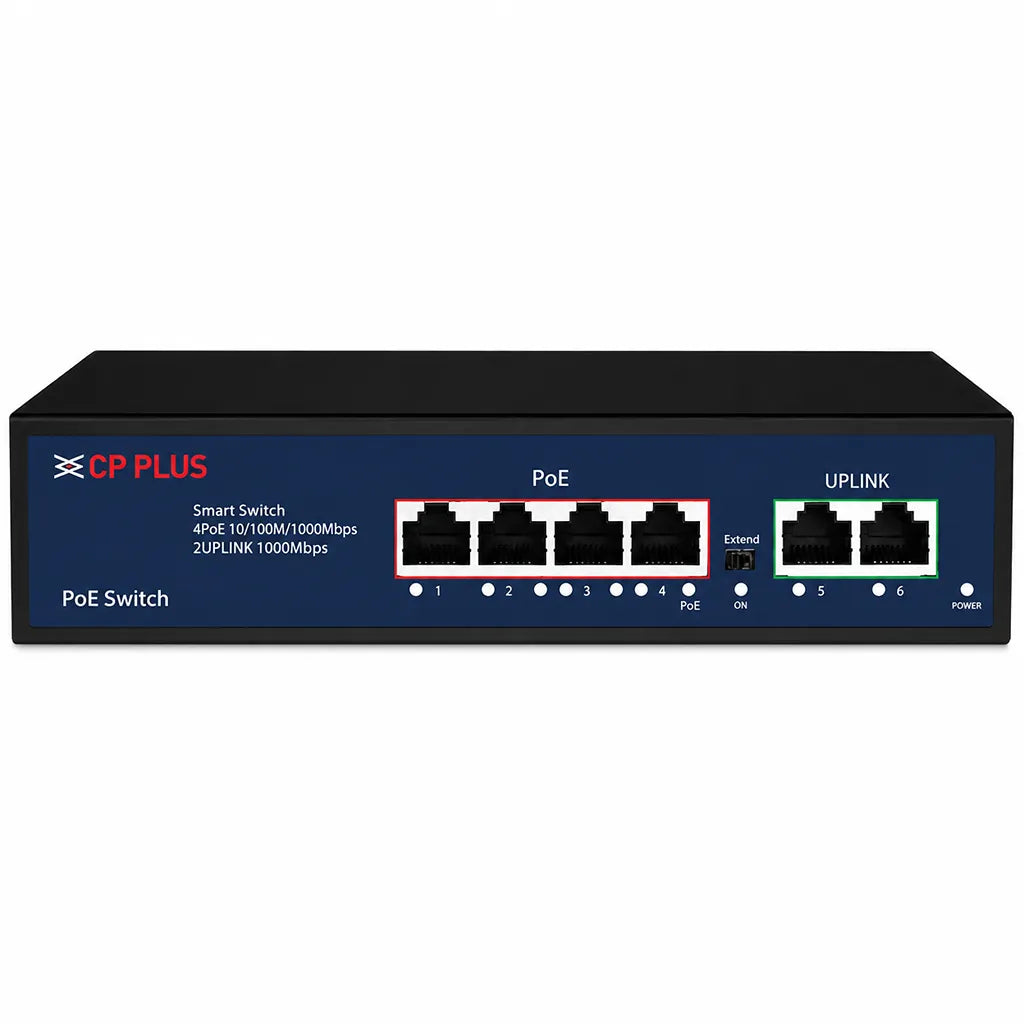 CP PLUS CP-DNW-GPU4G2-48 6-Port Gigabit PoE Switch front view with 4 PoE ports and 2 Gigabit uplink ports -tpstech.in