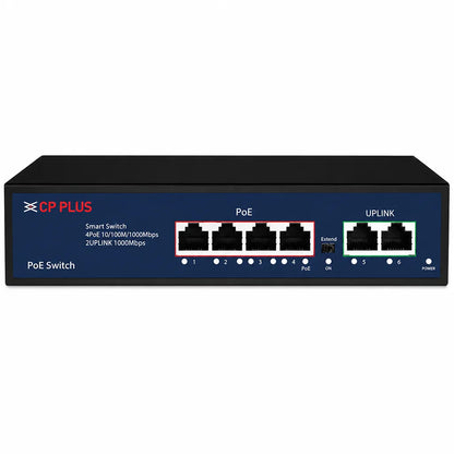 CP PLUS CP-DNW-GPU4G2-48 6-Port Gigabit PoE Switch front view with 4 PoE ports and 2 Gigabit uplink ports -tpstech.in